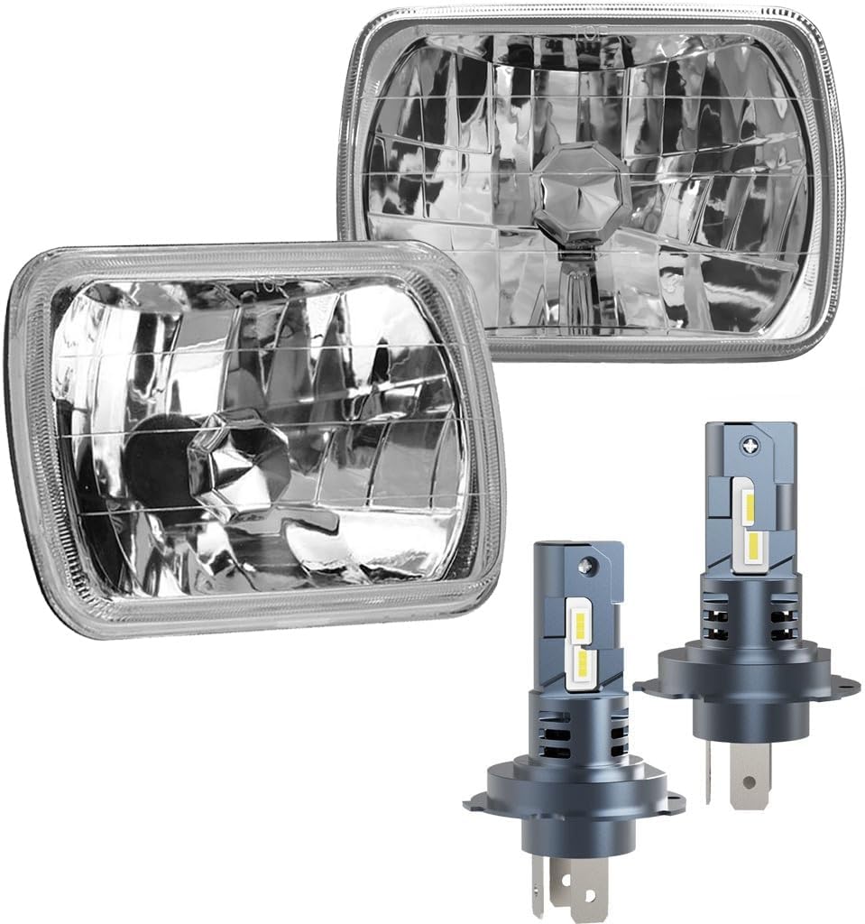 H6054 Glass Square Headlight Housings and H4 Bulbs, OEM Style Original Classic Look Conversion Assembly Pair Kit