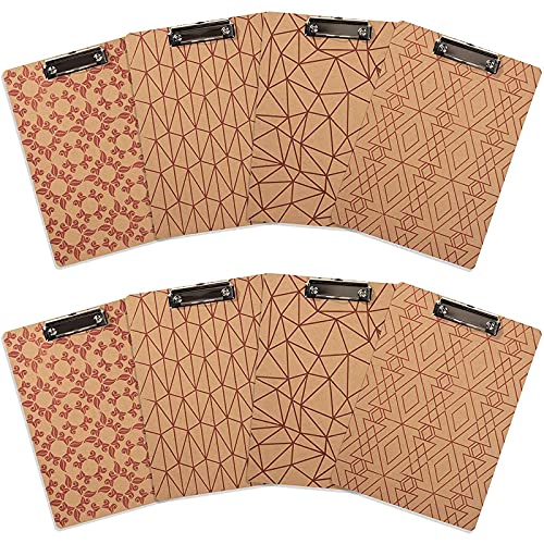 Juvale Low Profile Wood Clipboard - Colorful Wooden Clipboards with Four Patterns - Secure Metal Clip for Office Supplies - Set of 8 for Classroom Supplies & Group Projects - Brown, 8.8 x 12.4 in