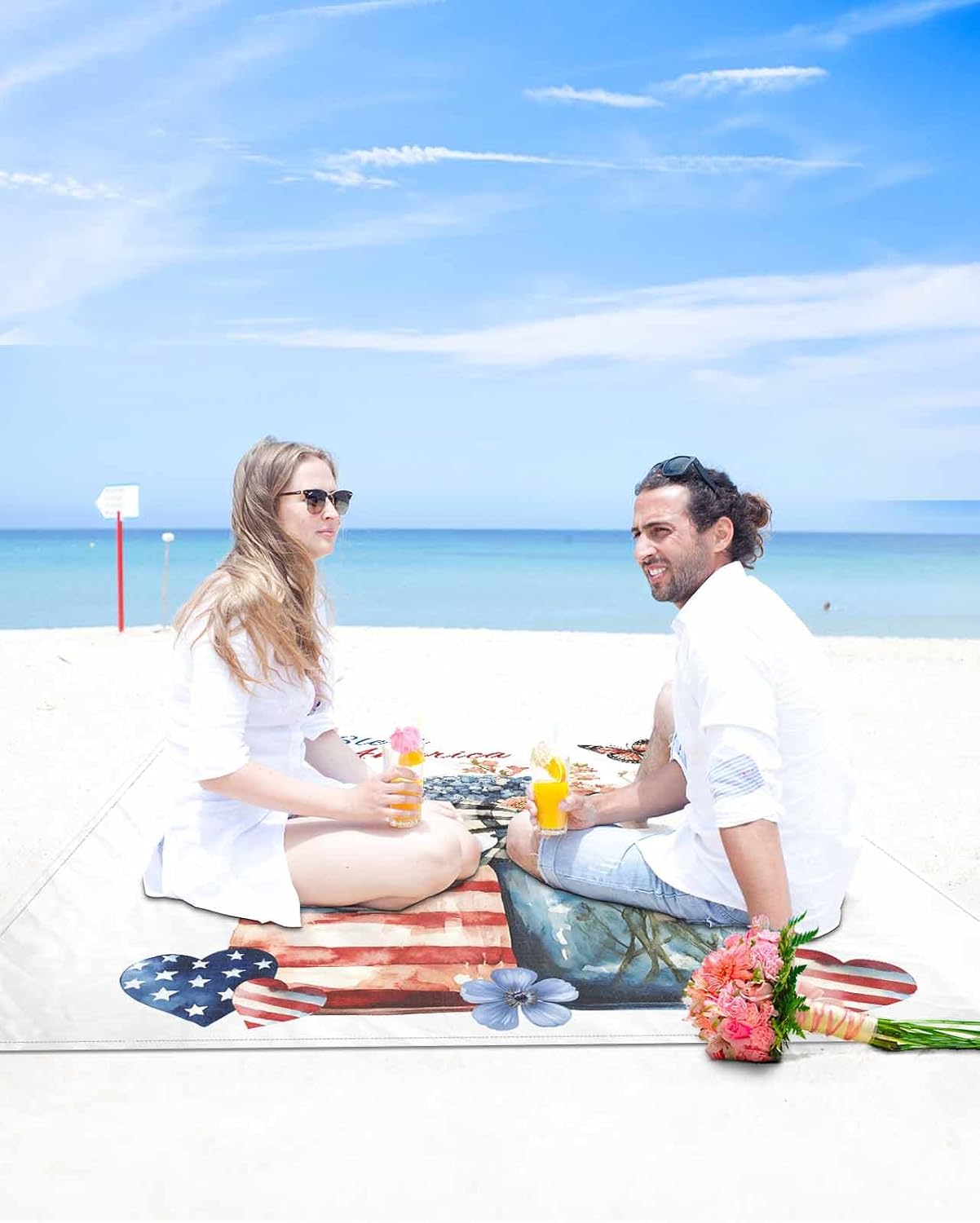 Watercolor Butterfly Flower Bottle Bow Beach Blanket Extra Large 118x108in Outdoor Waterproof Sandproof Picnic Blankets with Stakes Lightweight Beach Mat for Camping Travel,4th of July American Flag