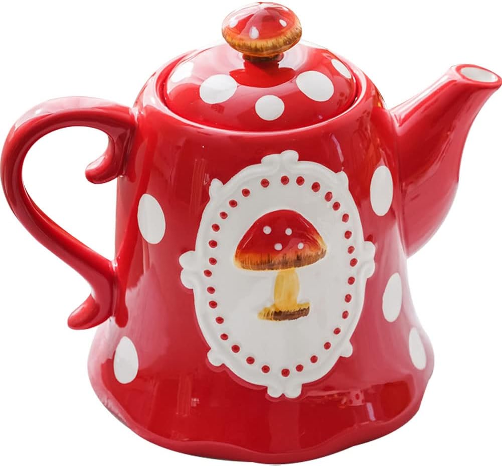 WAYUTO Ceramic Teapot Mushroom Pattern Water Kettle Decorative Porcelain Tea Kettle Rustic Water Kettle Milk Container with Handle for Home Kitchen Mushroom Kettle