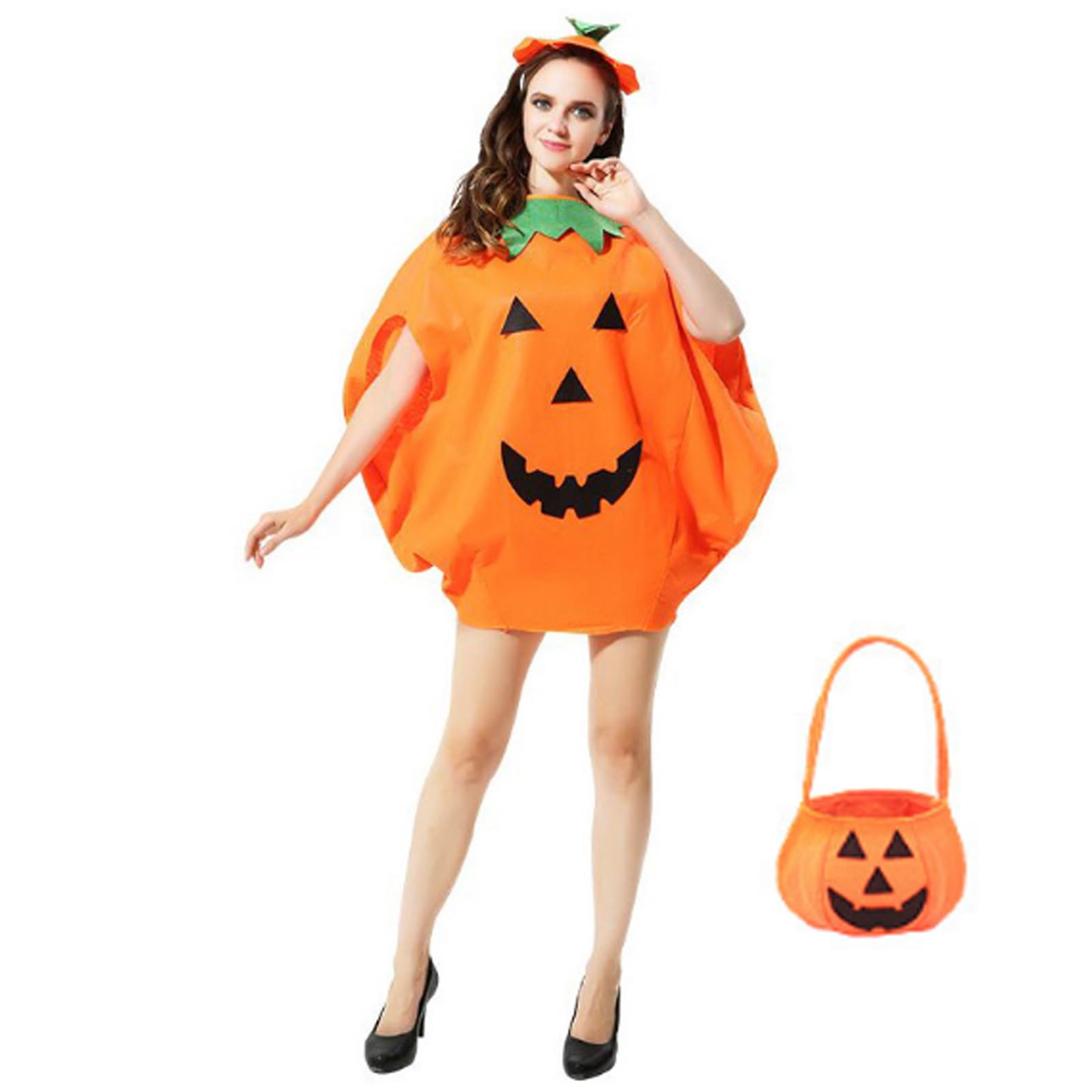 Aliangting 3PCS Adult Halloween Fancy Dress Halloween Orange Pumpkin Costume Set— Pumpkin Dress, Pumkin Hat and Candy Bag Unisex