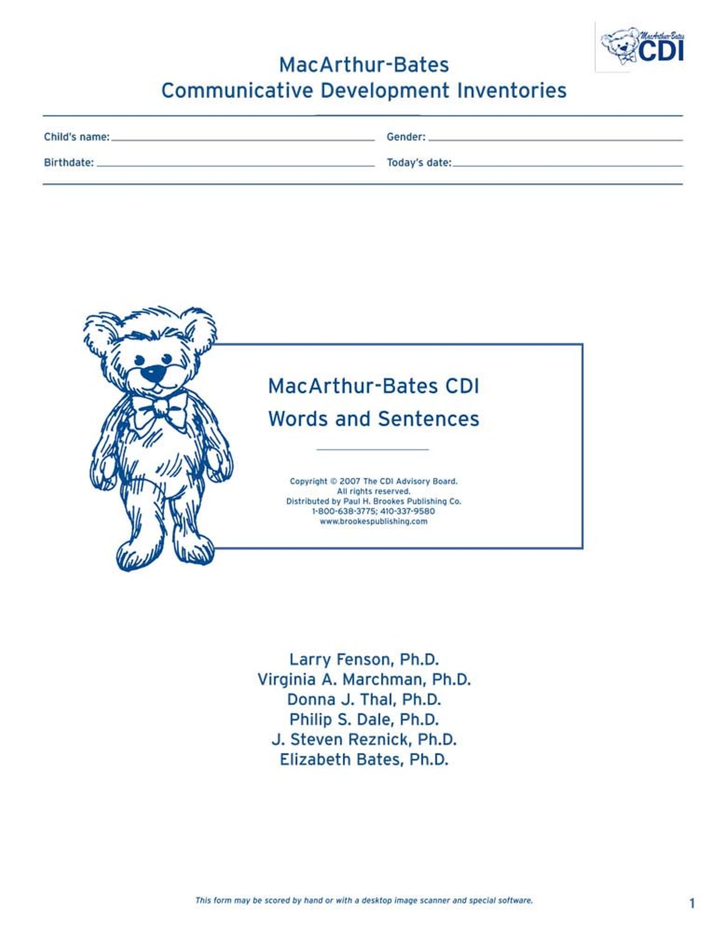 MacArthur-Bates Communicative Development Inventories (CDI) Words and Sentences, Desktop Scannable, English, (set of 25)