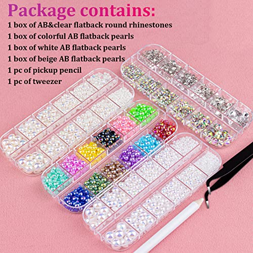 4800 Pcs 4 Boxes Flat Back Rhinestone&Pearls Kits Flatback Round Crystal Ab&Clear Gems+Colorfulab+Whiteab+Beigeab Half Round Pearls With Pickup Pencil And Tweezer For Nail Art, Face Makeup And Craft #TOP1