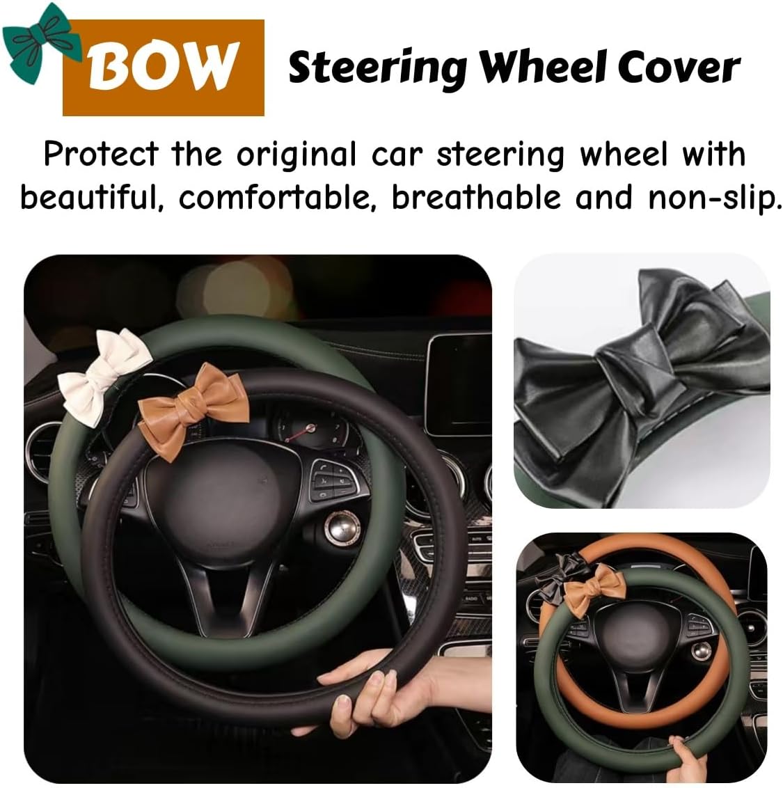 15 Inches Universal Round Car Steering Wheel Cover, Cute Bow Soft Leather Breathable Non-Slip Steering Wheel Protector Wrap for Women (Grey(Pink))