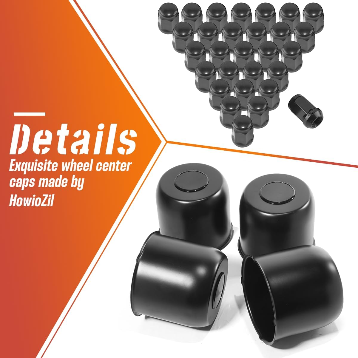 4-Pack Trailer Push Through Center Caps and Trailer Wheel Lug Sets - 4.88in Wheel Center Caps Matte Black Wheel Cover Stainless Steel Hub Cap with 32 Black Capped 1/2-20 Lug Nuts