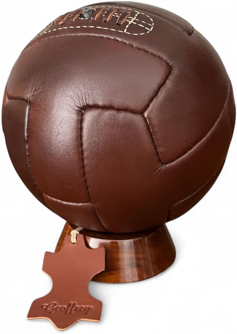 Geoffrey Vintage T Panel Soccer Ball 100% Cow Leather with Wooden Base | Size 5 | Retro Football Hand Stitched (Antique Brown and Tan)