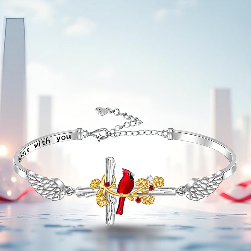 Fenthring Red Cardinal Gifts Cross Cardinal Bracelet for Women Sterling Silver Heart Angel Wing Bracelets Memorial Sympathy Charms Bird Christmas Jewelry - Image 4