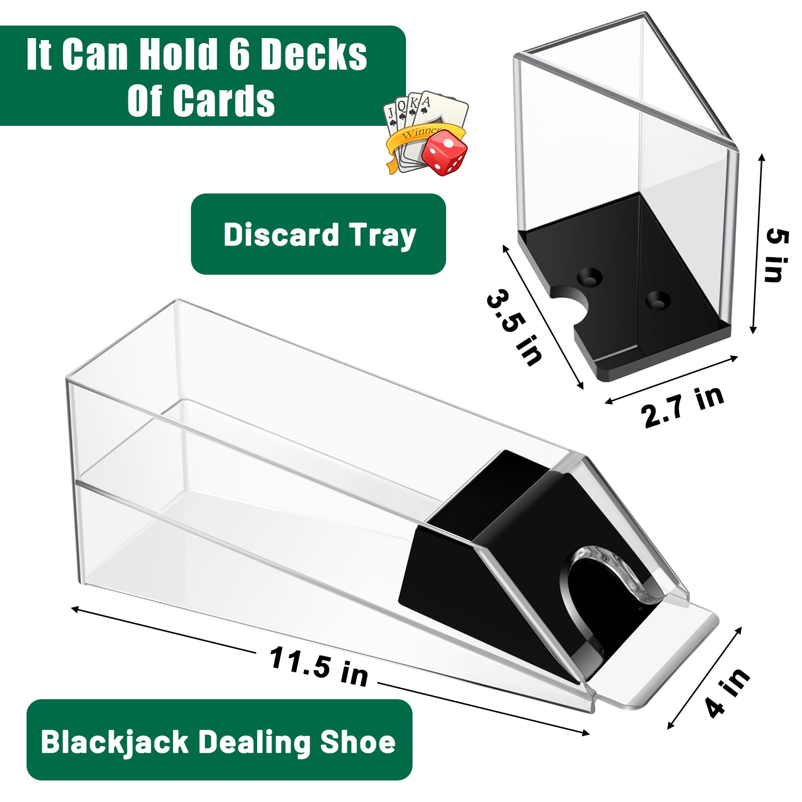 Honoson Poker Chip Tray mit 6 Deck Blackjack Schuh und Discard Tray Black Poker Chip Dealer Holder Card Shoe Black Plastic Jack Dispenser Table Set for Casino Game Party Accessories