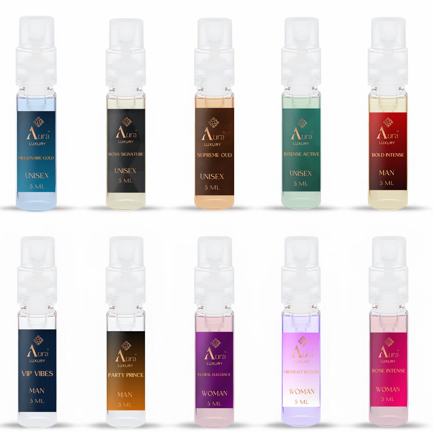 Aura Luxury Mini Perfume Discovery Pack, 10 x 5ml | Premium Fragrances for Women, Men & Unisex | Travel-Friendly Perfume Set for All Moods & Occasions | Long-Lasting Imported French Oils | Ideal Gift for Couples, Men & Women | Perfect for Special Moments