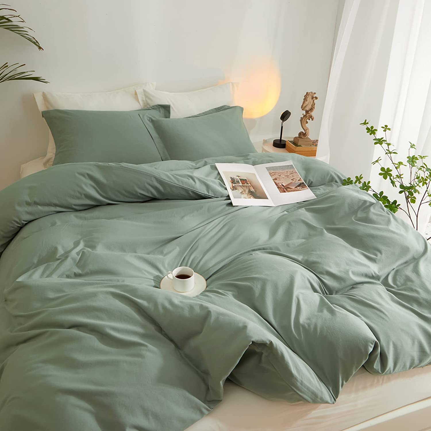 Sage Green Duvet Cover Full Size Soft Washed Microfiber 3 Pieces Bedding Set 1 Duvet Cover 80”x90” with 2 Pillowcases Light Green Comforter Cover Modern Soft Full Duvet Cover with Zipper Closure - Image 3