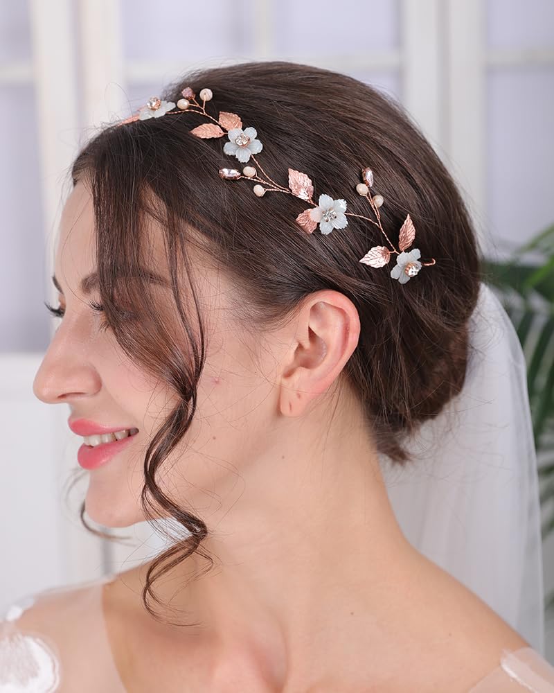 Haarband mit rosegoldenem Blatt und weißer Blume, für Hochzeit, Braut, Brautjungfer, handgefertigtes Stirnband, Haar-Accessoires