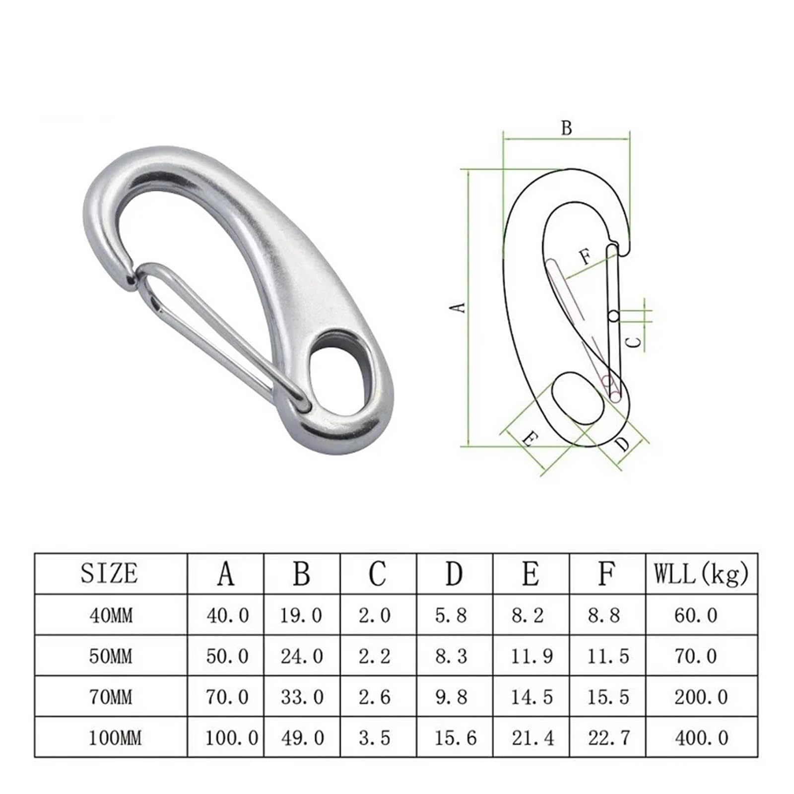 Karabinerhaken in Eiform, 304 Edelstahl, 70 mm Länge, Schnellspanner, Feder-Karabinerhaken, Sicherheits-Metallverbindung, 10 Stück