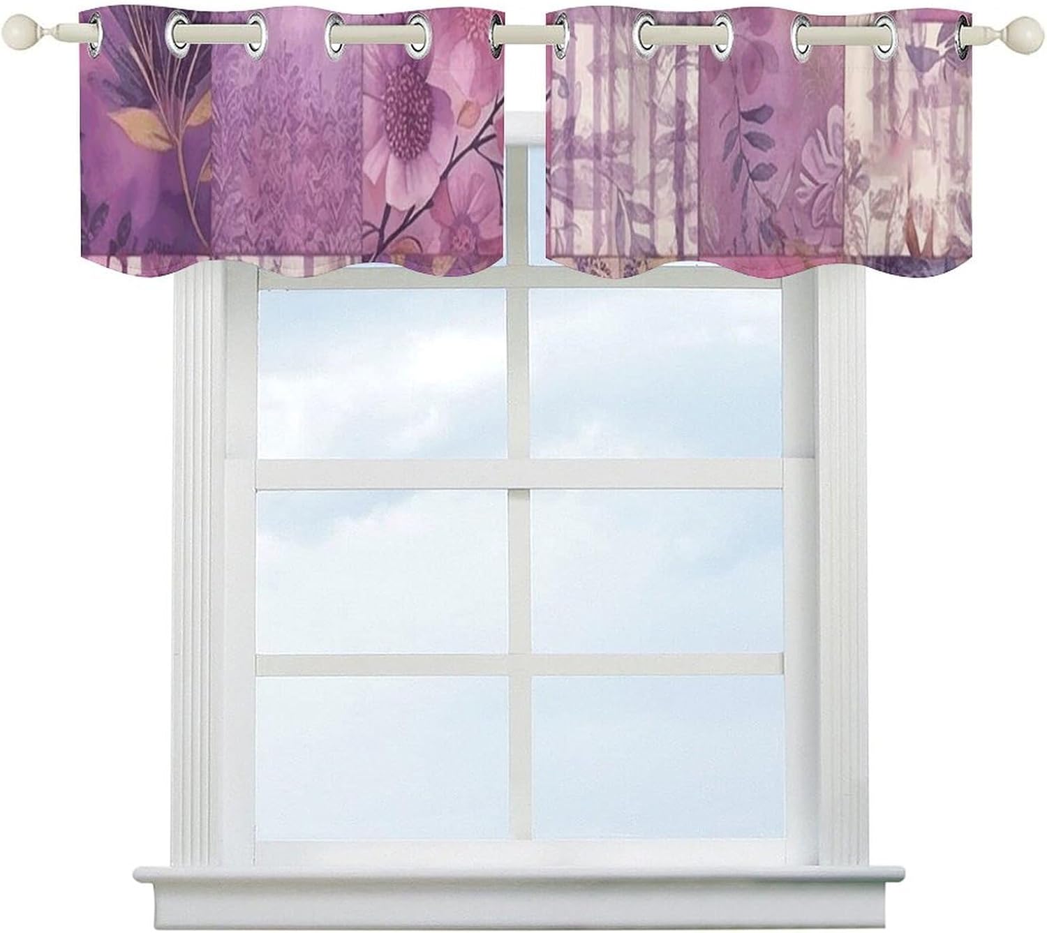 Purple Flowers Collage Valances for Window 2 Panels. Light Filtering Curtains Farmhouse Short Small Valance.Modern Curtains for Windows Living Room Kitchen Over Sink.