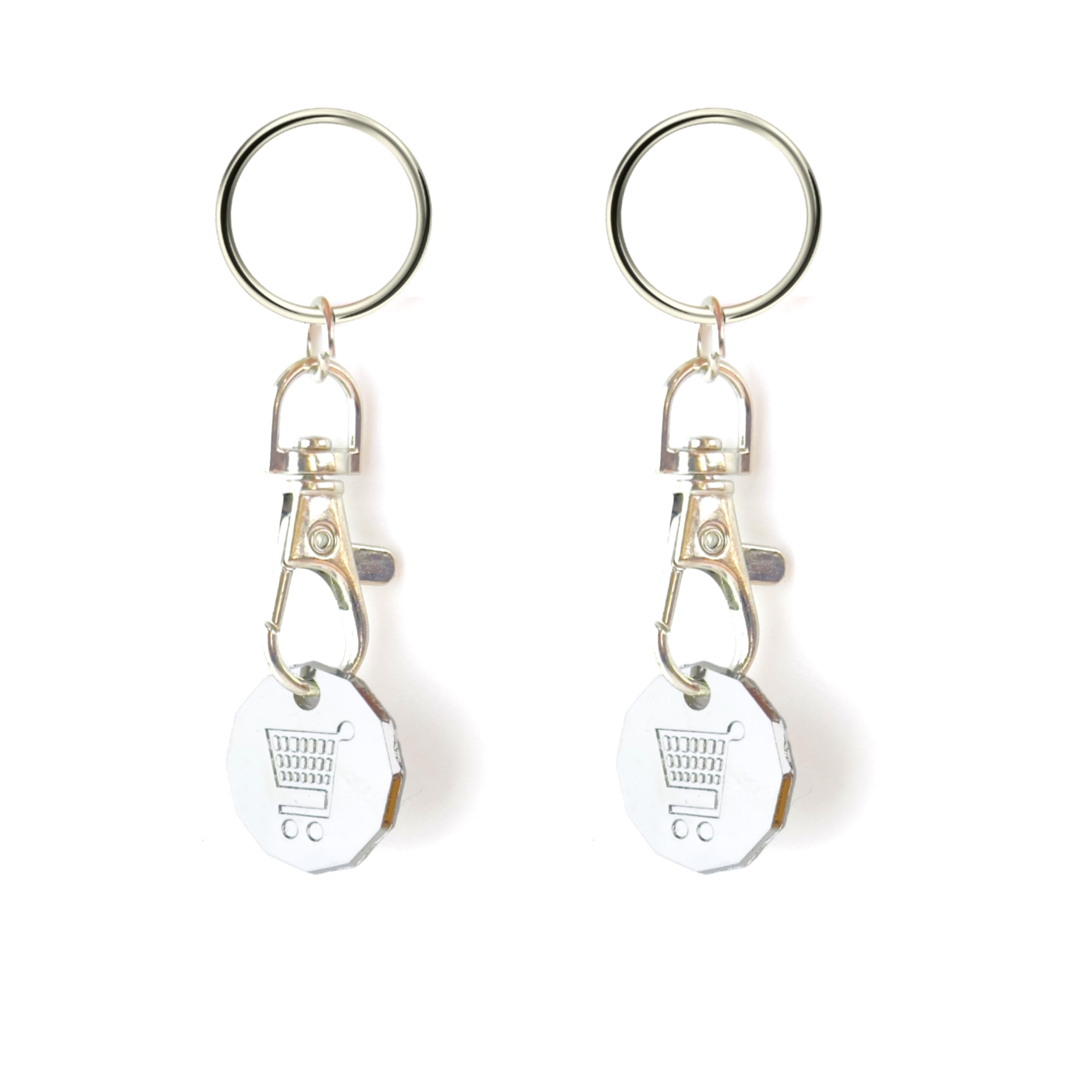 Lizzy Unisex Silver 2Pc Trolley Pound Token Coins Keyring | Uk Pound Shape Trolley And Locker Coin One Pound Trolley Coin Uk Shopping Trolley Token Key Rings Clasp Supermarket Locker Cart