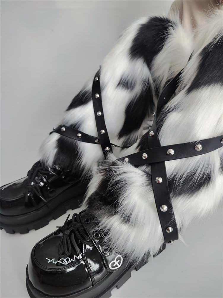 [QRUENNTG] 女性用フェイクファーふわふわレッグウォーマー、リベット付き、コントラストカラー、Y2K暖かいふわふわ冬ブーツカ