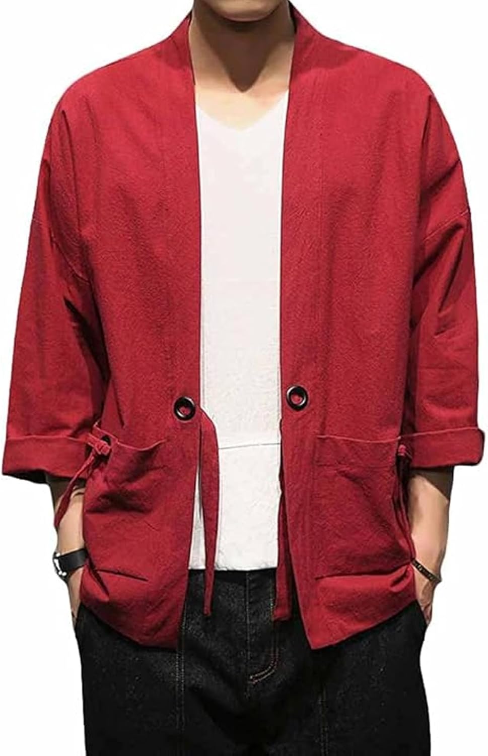 INVACHI Kimono Jacket for Men Solid Japanese Style Jacket Open Front Cardigan with Pockets