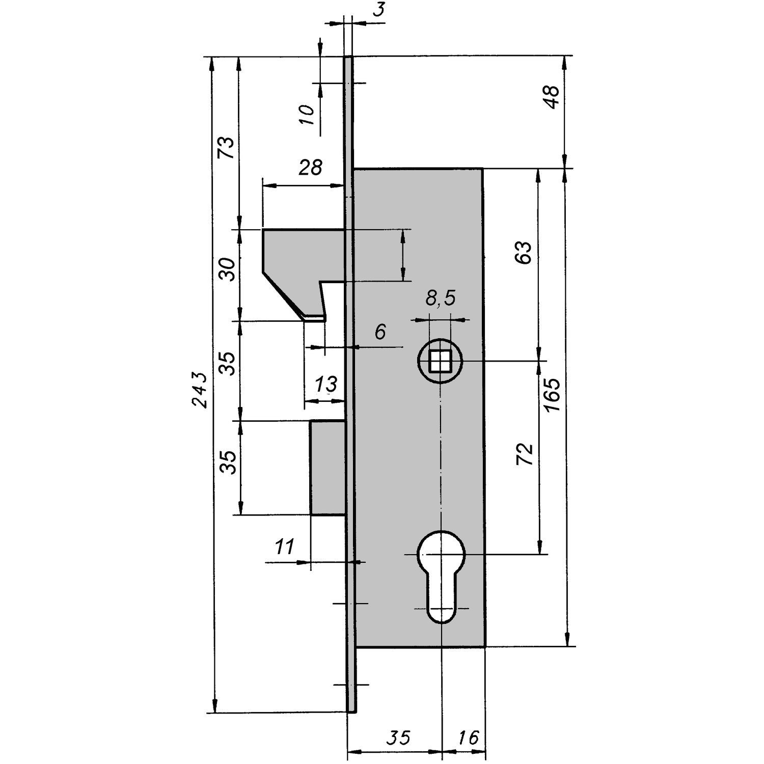 BMH 1331000006 Schiebetürschloss | mit Hakenfalle und Riegel | Dornmaß: 35 mm | PZ mit Wechsel