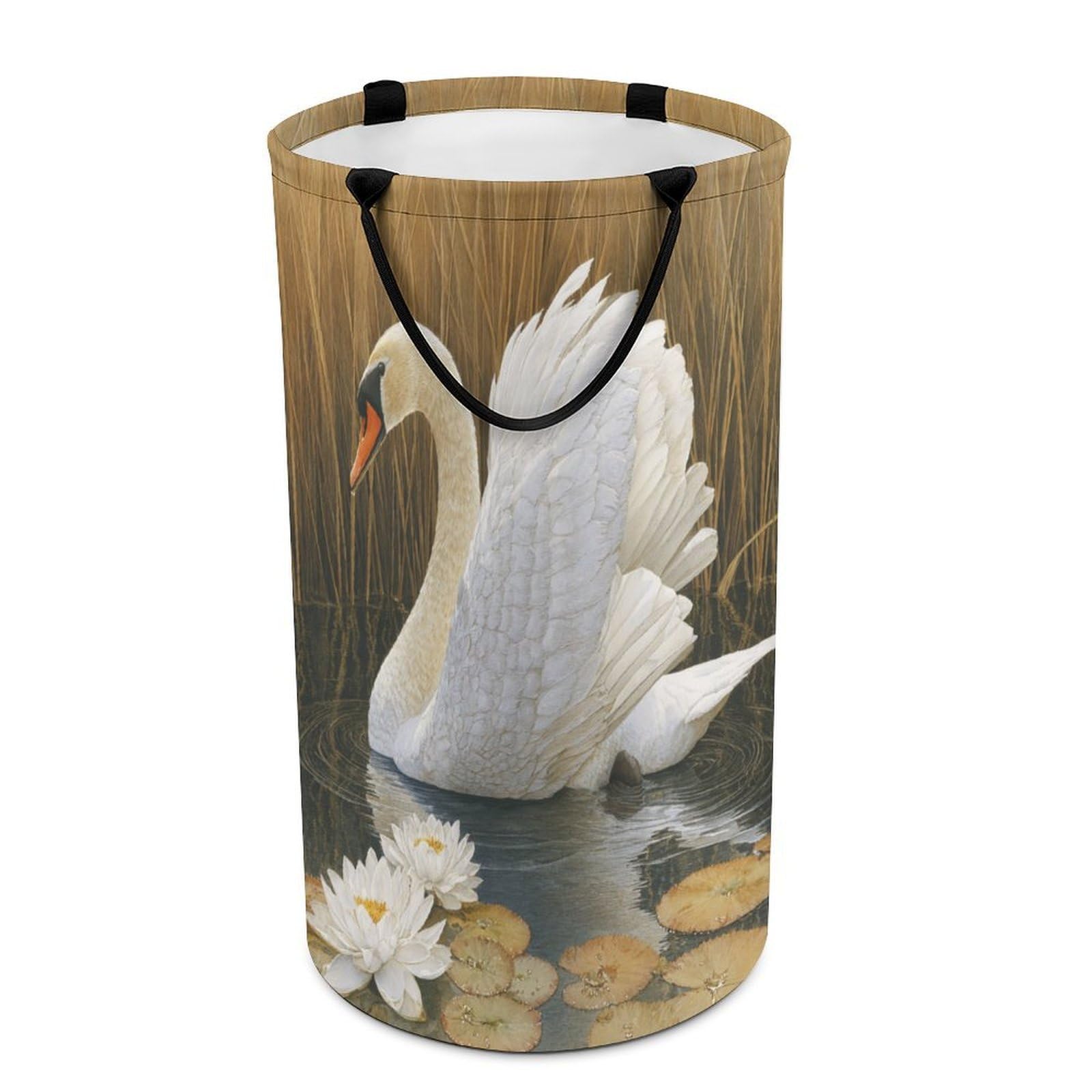 LUYYSKY Vintage Rustic Elegant Swan Versatile Storage Laundry Basket, Modern Realistic Lake Lotus Flowers Animal Swan Pattern Large Capacity Bathroom Hamper With Handle