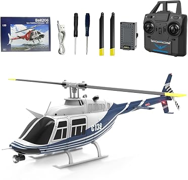 C138 RC Helicopter, 1/30 RC ERA C138 Bell 206 Helicopter 2.4G 6CH No Aileron with Altitude Hold and Optical Flow Positioning RTF Version/Blue White