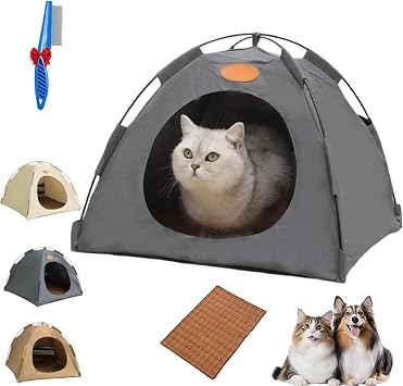 Pop-Up Pet Tent, Portable Hideaway for Cats & Small Dogs, Cat Tents for Indoor Cats with Mesh Window, Waterproof, Cooling Mat, Breathable Mesh & Non-Slip Base, Fully Washable Gray,L