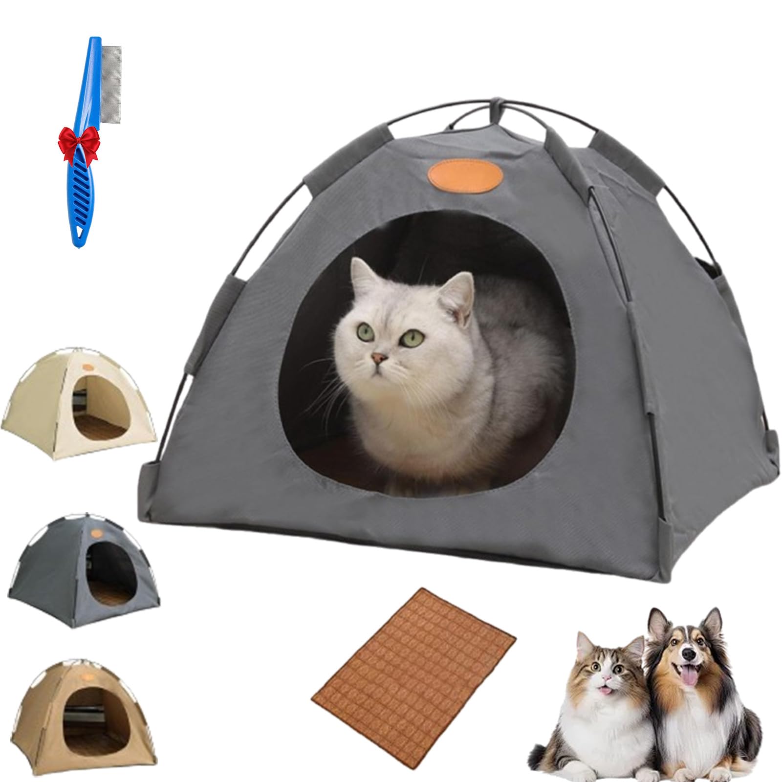 Pop-Up Pet Tent, Portable Hideaway for Cats & Small Dogs, Cat Tents for Indoor Cats with Mesh Window, Waterproof, Cooling Mat, Breathable Mesh & Non-Slip Base, Fully Washable (Gray,L)