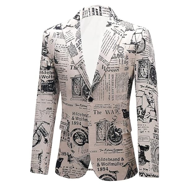 WAIDFU Chaquetas de traje entalladas casuales para hombre, chaquetas de traje de moda, con un botón, letras de periódico, estampado de letras de Gran Bretaña, abrigos de disfraz