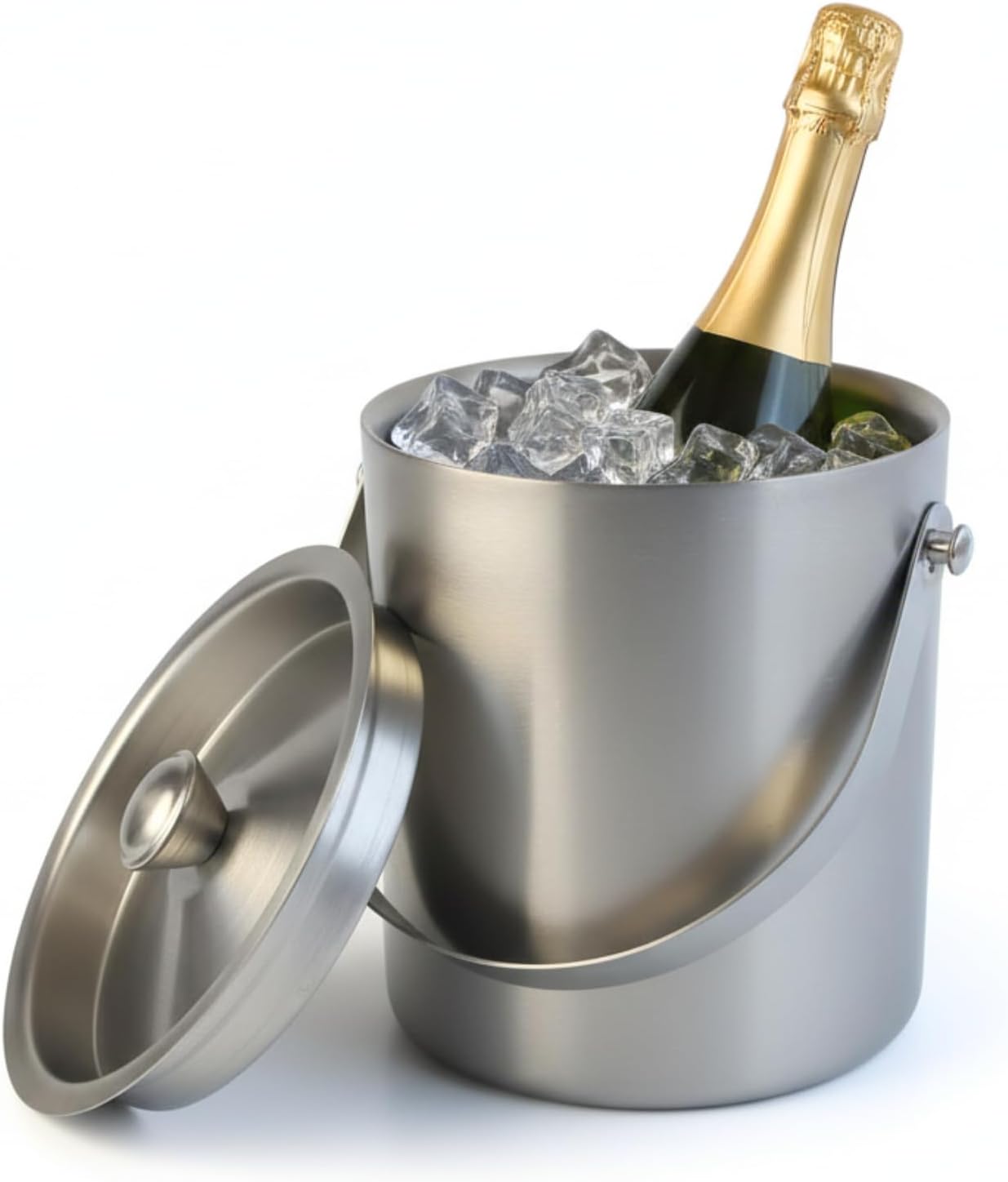 MAZDA Stainless Steel Ice Bucket with Lid - Silver Round Bucket Ideal for Cocktails, Wine, Champagne, Home Bar & Parties 1 L/34 Oz