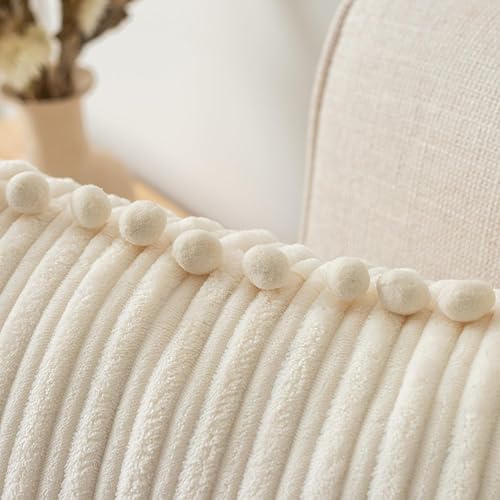 Miniatura 6 de UGASA - Fundas de almohada decorativas suaves y bohemias con pompones, paquete de 2 fundas cuadradas de franela a rayas modernas para sofá,