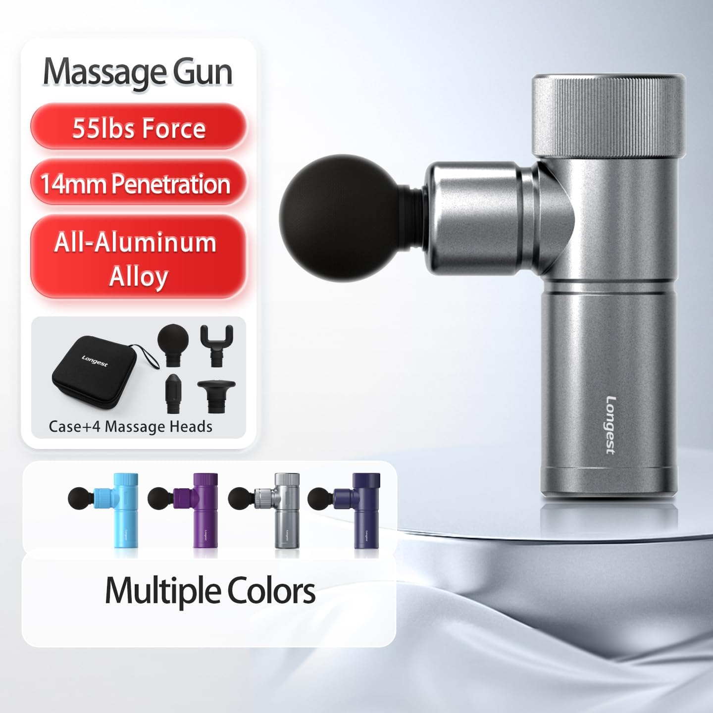 LONGEST Mini Massage Gun for Pain Relief, 4 Heads, Pro Gray | Muscle recovery,Alloy, Stall force, Low hand vibration, Ultra quiet, Rechargeable,Long battery, Hard case, Multiple colors