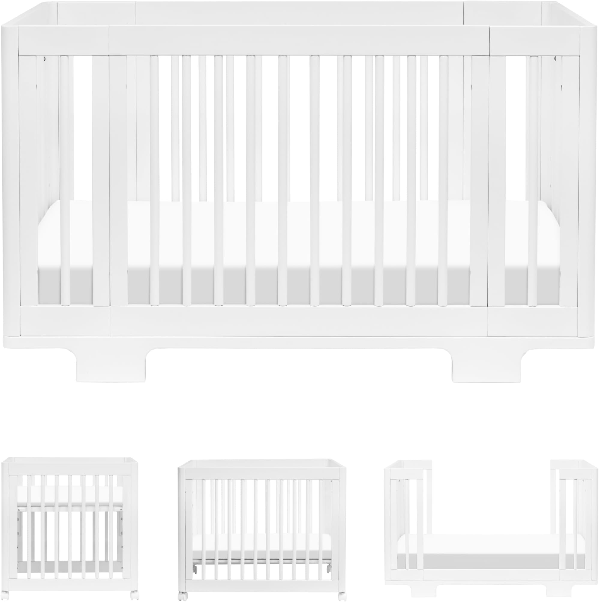 Yuzu Convertible All-Stages® Bassinet, Midi, Full-Size Crib in White, Greenguard Gold Certified, Portable & Adjustable with Conversion Kits and Pads Included