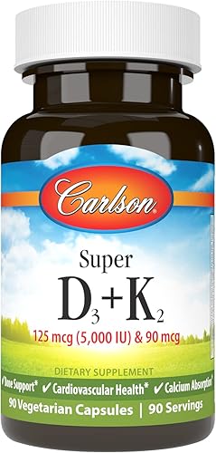 Carlson - Super D3 + K2, 125 mcg (5000 UI) de vitamina D3, 90 mcg de vitamina K2 como MK-7, soporte óseo, absorción de calcio, 90 cápsulas