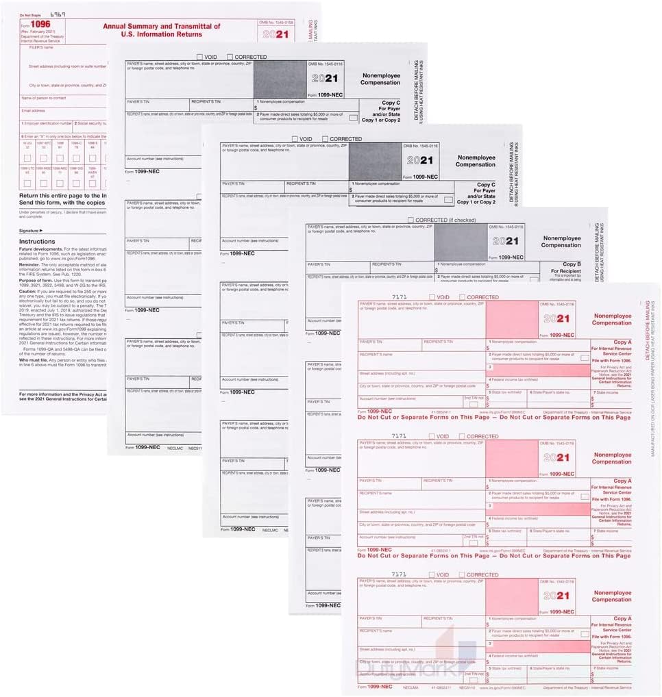 Dutymark1099-NEC Forms 2020, [50 Pack] 5 Part Laser Tax Forms Kit Pack of Federal/State Copy's, 1096's –Great for QuickBooks and Accounting Software, [NO Envelopes] 2020 1099-NEC, 50 Pack