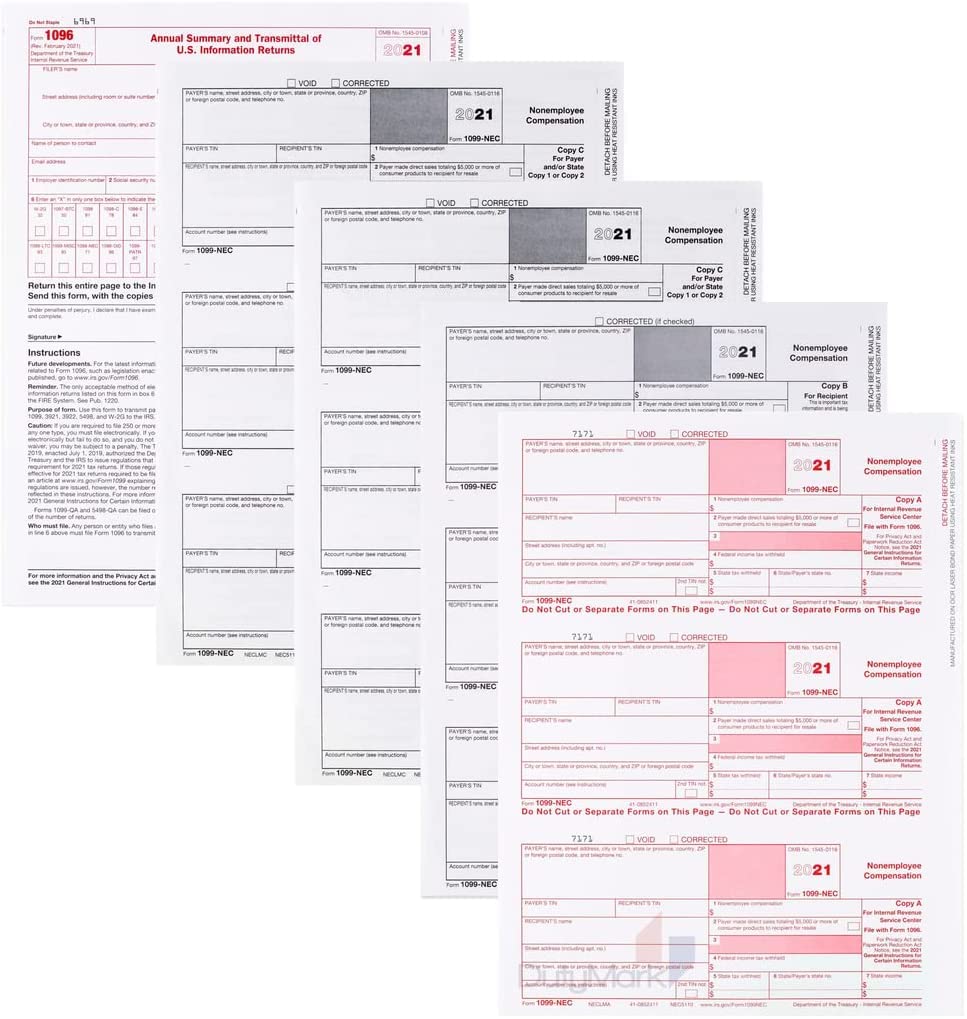 Dutymark1099-NEC Forms 2020, [50 Pack] 5 Part Laser Tax Forms Kit Pack of Federal/State Copy's, 1096's –Great for QuickBooks and Accounting Software, [NO Envelopes] 2020 1099-NEC, 50 Pack