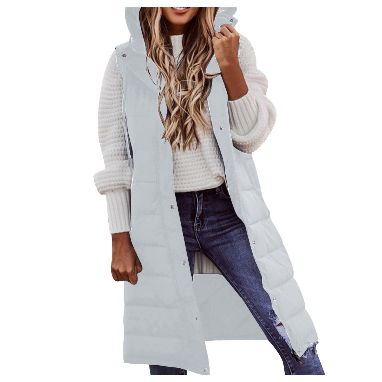 Generisch Langer Wintermantel für Damen, Weste mit, ärmellos, warm, lockerer Daunenmantel mit Taschen, Steppweste, Daunen-Steppmantel für den Außenbereich