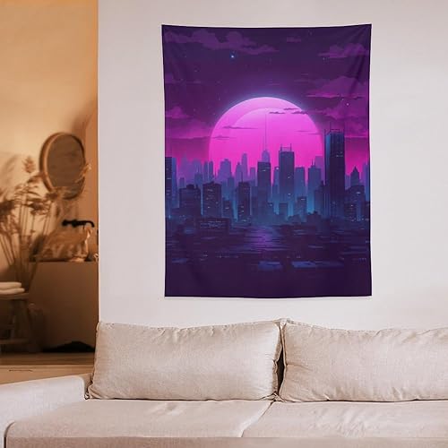 Miniatura 6 de QEOPGNE Tapiz grande para colgar en la pared, diseño de ondas de vapor púrpura, paisaje urbano, onda sintética, onda de neón, decoración de pared
