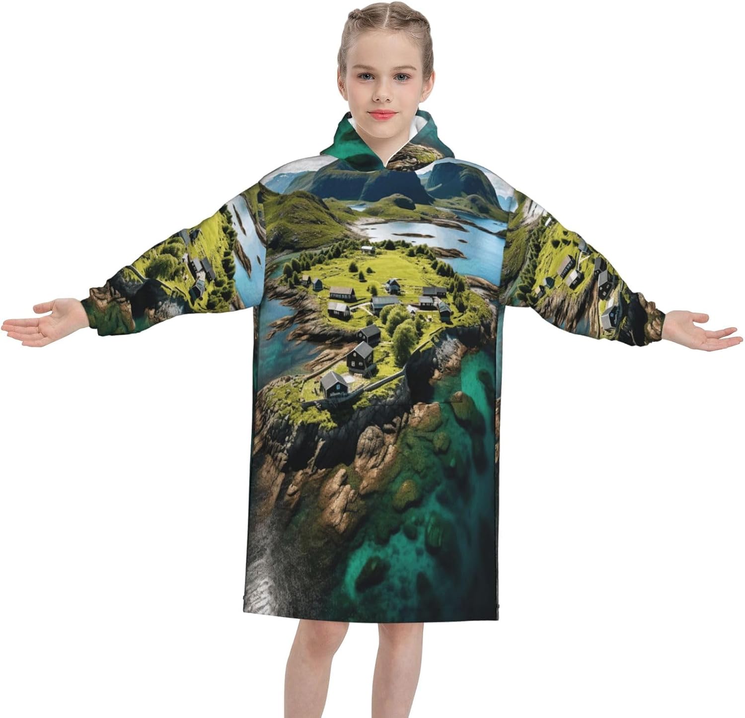 Norway Islands Print Oversized Blanket Hoodie, Wearable Blanket Hooded,Hooded Pullover With Pocket