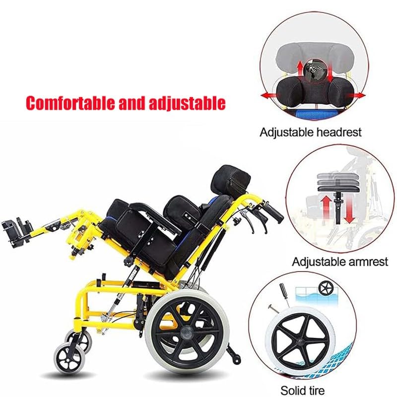 TEidea Wheelchair for Kids, Foldable Fully Reclining Pediatric Wheelchair, Child Wheelchair with Adjustable Headrest, Armrests and Backrest, Wheelchair for Children with Cerebral Palsy