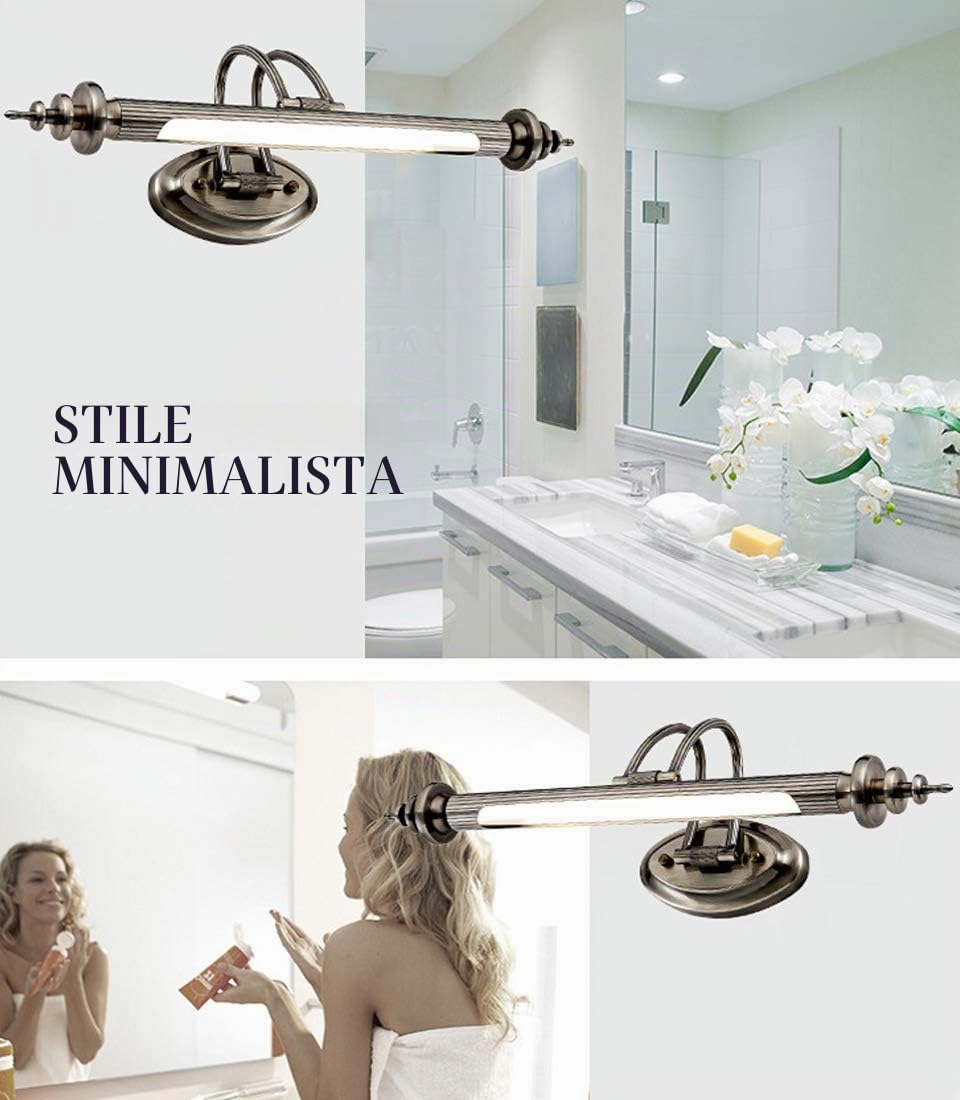 7W applique da parete, luce a specchio LED bagno vintage metallo, lampada da bagno regolabile IP44, luce moderna per il trucco lettura, lampada da specchio per camera cucina, L45cm, luce bianca calda