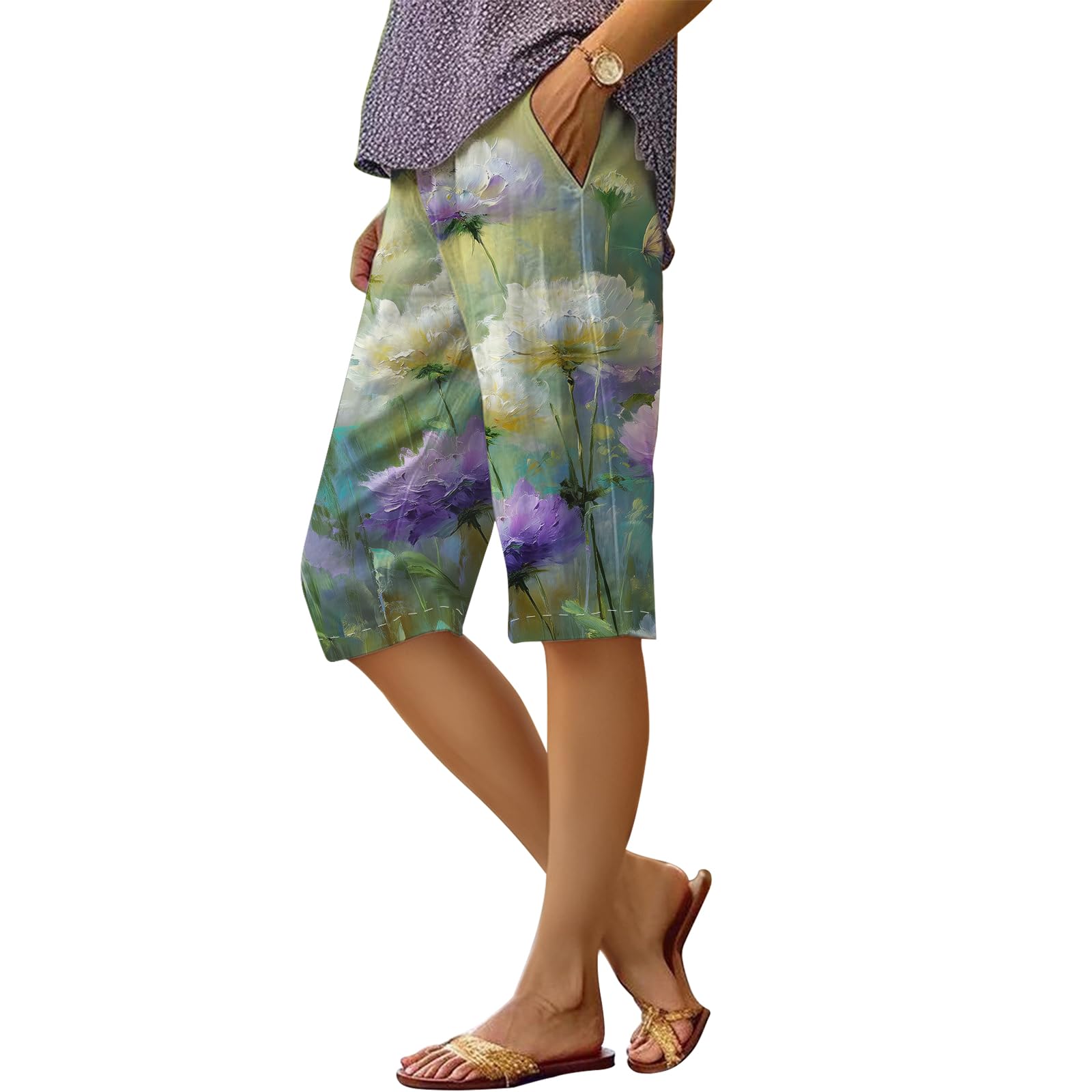 Womens Summer Casual Floral Boho Beach Pants Drawstring Cotton Loose Knee Length Athletic Bermuda Shorts with Pockets
