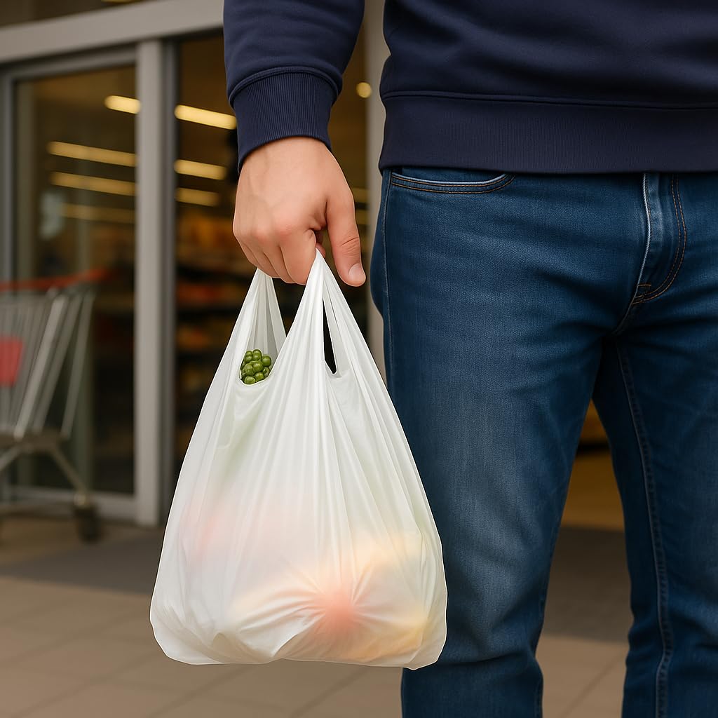 G.M. DISTRIBUZIONE 4 Kg Buste Spesa, Misura 29x52 cm, Biodegradabili Bianche con Manico, Circa 250 Pezzi, Shopper Compostabili per Alimenti, Sacchetti Extra Resistenti (MISURA MEDIA)