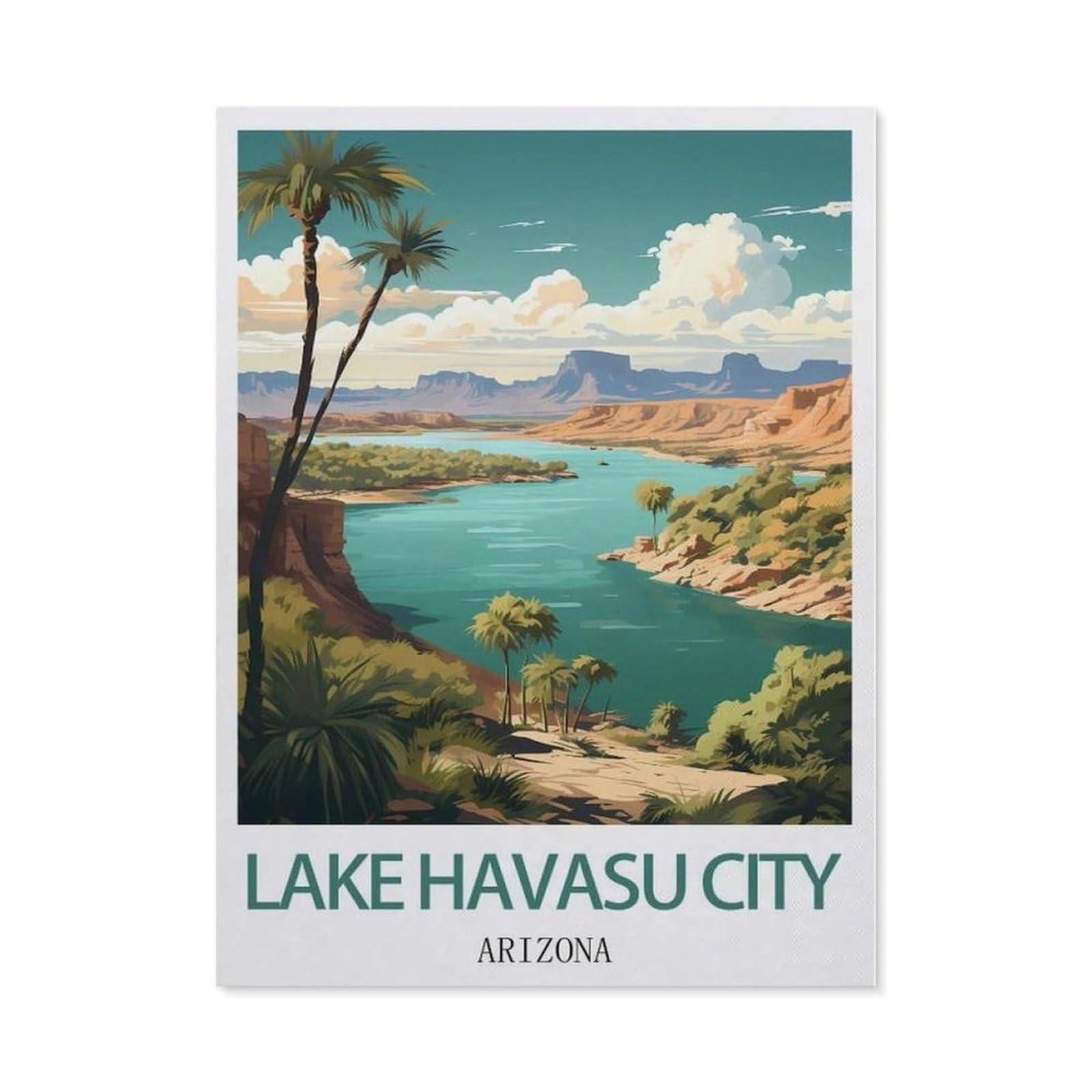 Beayodkp （50 X 60 Cm/19.68 X 23.62 Inches） Diy 5D Diamond Painting，Lake Havasu City Arizona Vintage Travel Poster，Round Diamond, Used For Room Decoration-Cg67