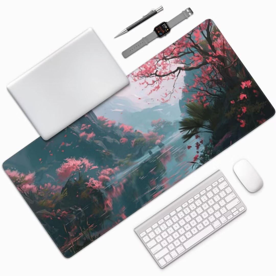 Krajobrazowa podkładka pod mysz 119 x 60 cm, wodoodporna podkładka pod mysz kwiat wiśni, bardzo duża podkładka pod mysz, podkładka na biurko, antypoślizgowa gumowa podstawa, gamingowa podkładka pod