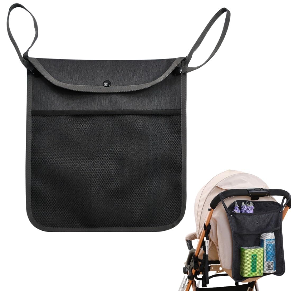 Organizer Universale per Passeggino Borsa Multiuso per Carrozzina Rete Portaoggetti per Passeggini Borsa per Spesa Organizer per Carrozzina (33 x 30 cm, Nero)