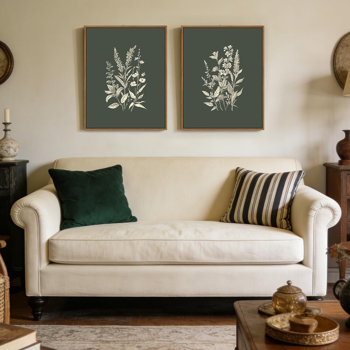 QTESPEII 2 Piece Botanical Flower Wall Art Dark Green Vintage Herb Plants Canvas Art Prints Minimalist Floral Wall Decor Framed Artwork for Girls Room Bedroom Farmhouse Kitchen Decoration - 11x14 Inch