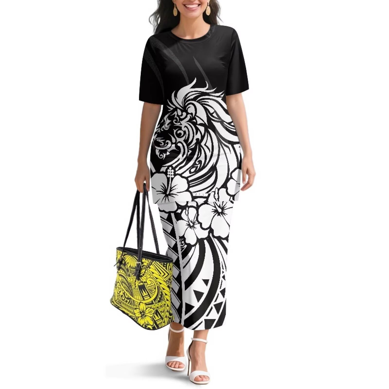 Polynesian Dress for Women Short Sleeve High Waist Maxi Skirt