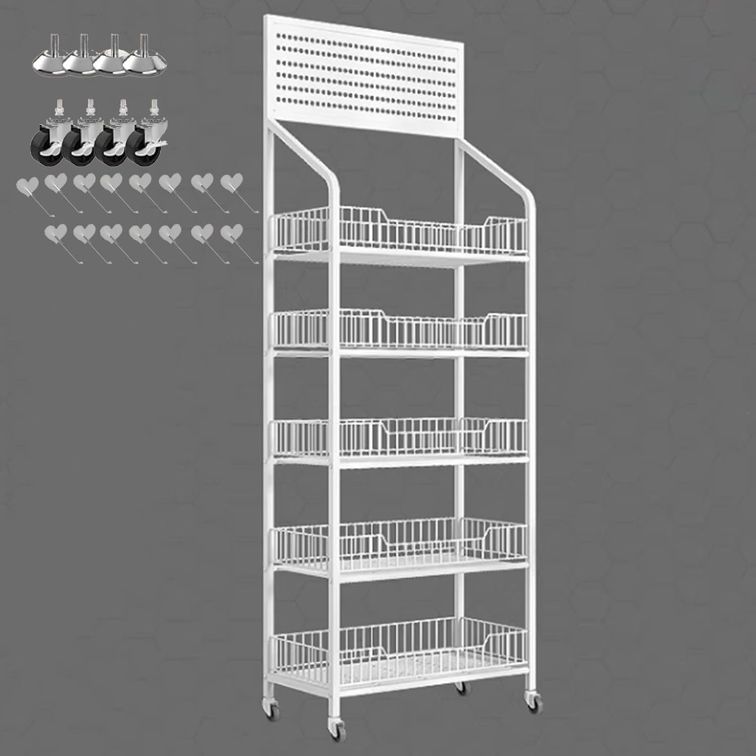 Wall Mounted Storage Pegboard,Supermarket Vegetable Shelves, Desk Extender Pegboard,Large Floor-Standing Retail Display Stand, 5 Tier Potato Chip Toys Organizer Holder with Hook & Wheel, Fru