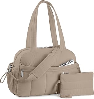 TOPDesign Travel Duffel Bag for Women, Puffer Gym Bag Sports Tote with Wet Pocket, Carry On Weekender with Luggage Sleeve (Camel)