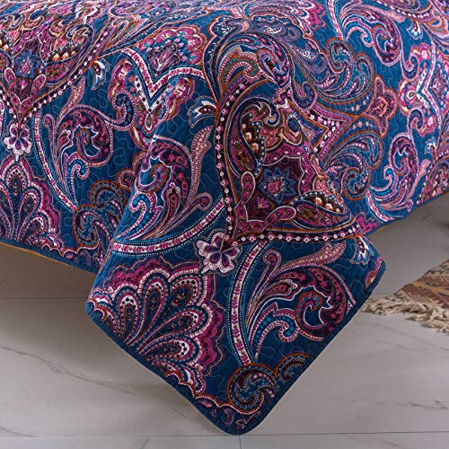 NEWLAKE Cotton Bedspread Quilt Sets-Reversible Patchwork Coverlet Set, Purple Classic Floral Pattern, Queen Size - Thumbnail 5