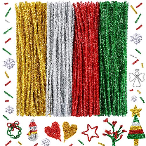 Caydo 300 Pieces Christmas Pipe Cleaners Glitter Chenille Stems for DIY Craft Valentines Day Decorations (Red Green Gold Silver)
