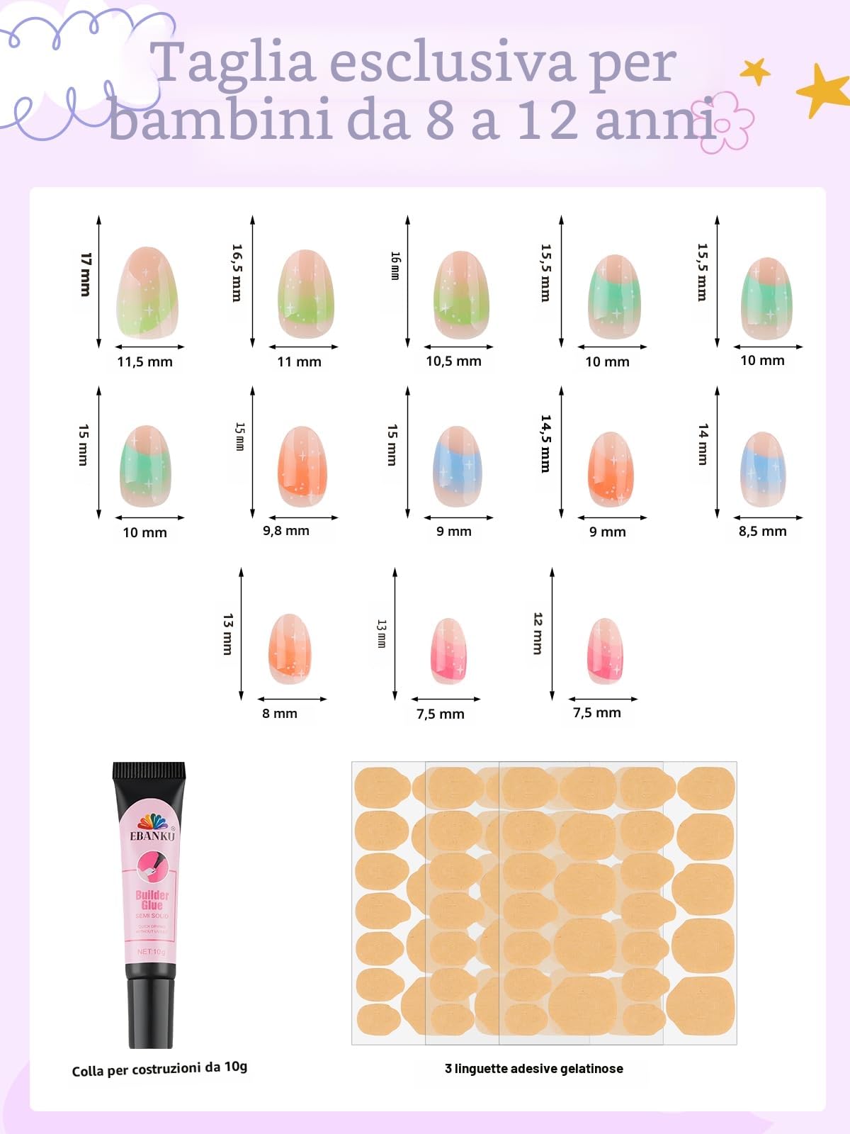 78 Pezzi Unghie a pressione per bambini, EBANKU 3 Pack Kit Unghie Finte per Bambini Vecchi Fiori Colorati a pressione per Ragazze 8-12 Anni con Adesivi Gelatina per Unghie e Colla Costruttrice Unghie